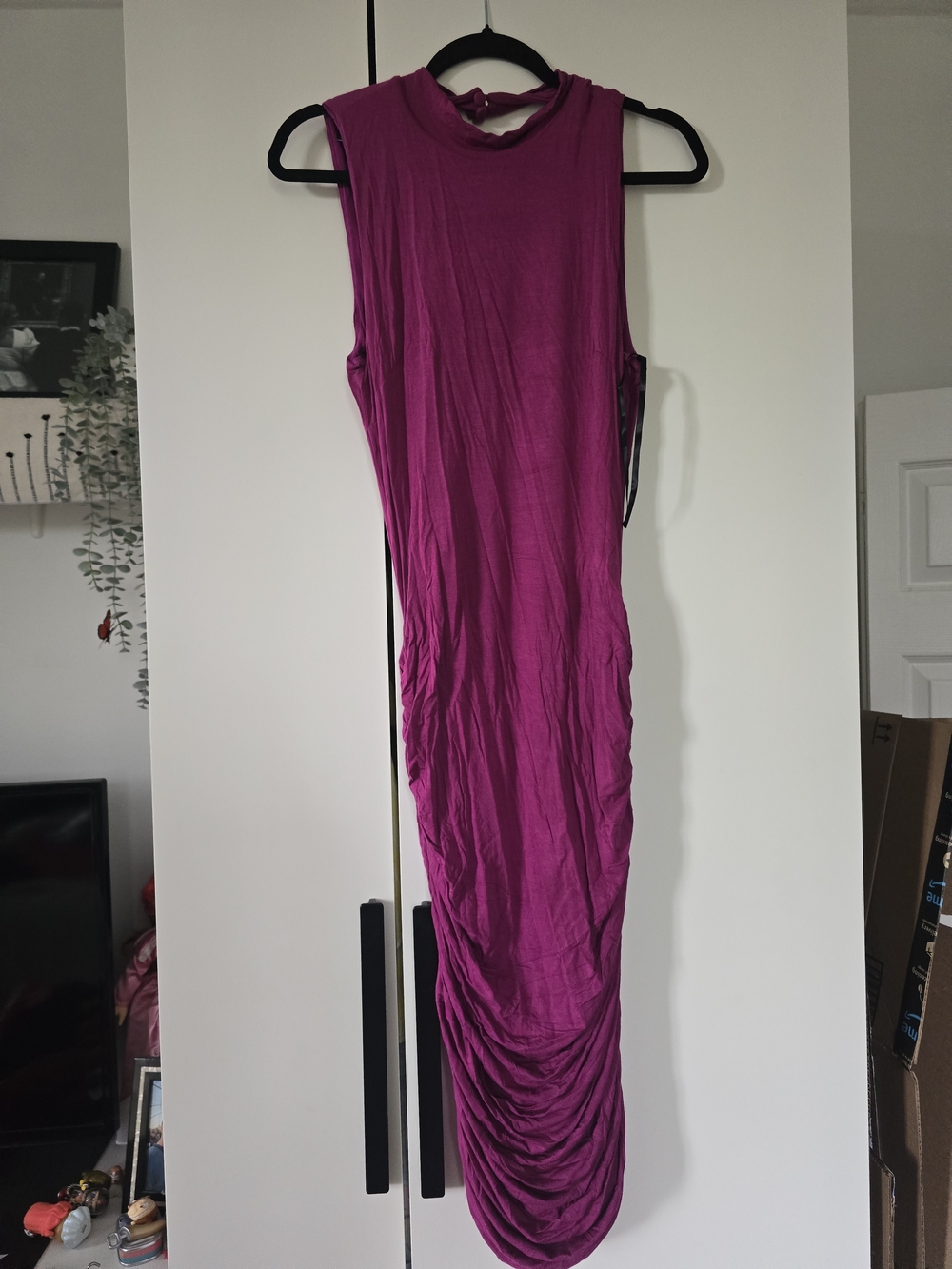 Bebe Sleeveless Magenta Ruched Maxi Dress
